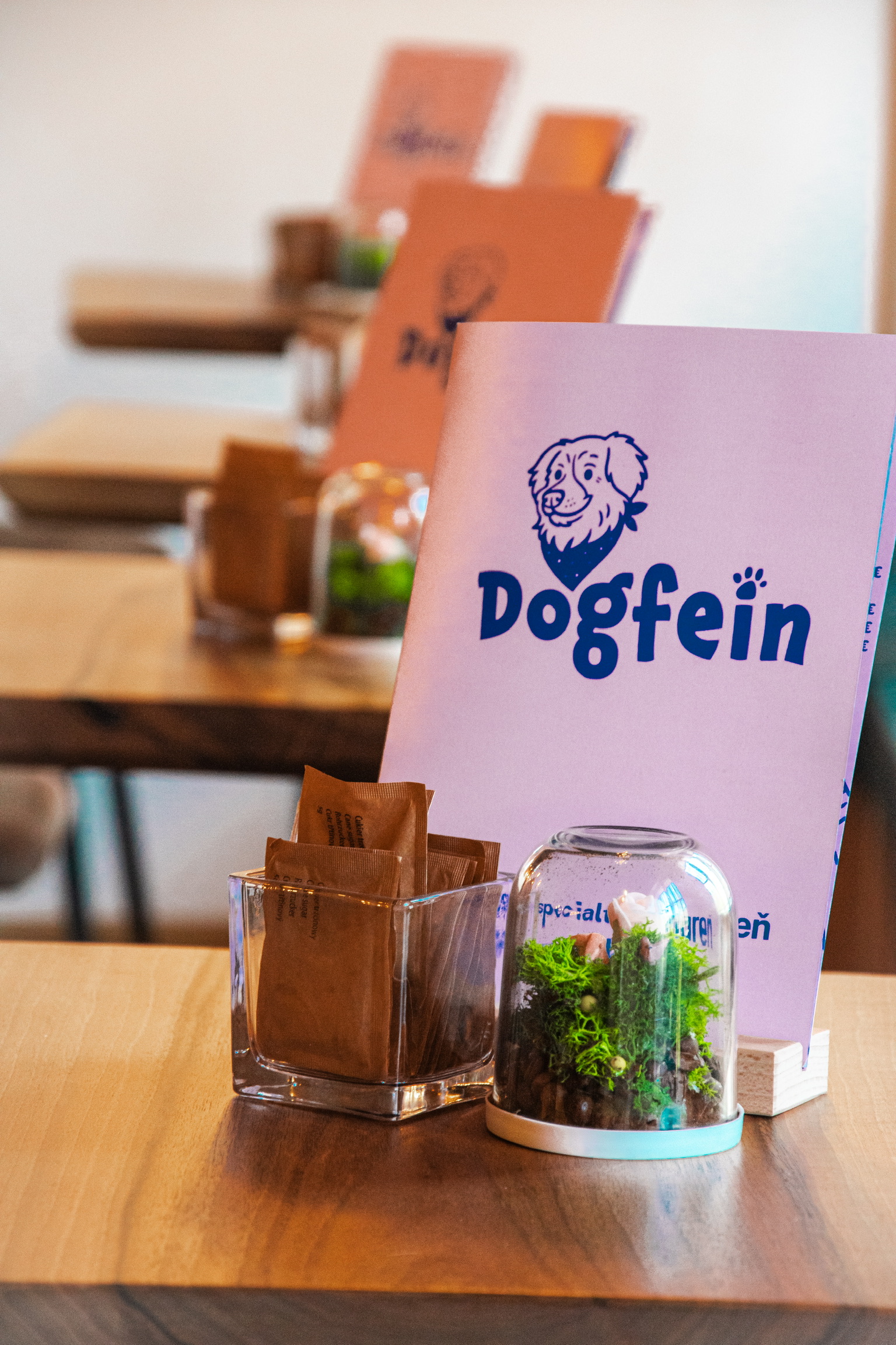 Interiér kaviarne Dogfein s teplým osvetlením